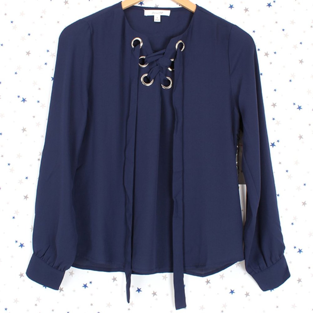 Lace Up Chiffon Blouse Top Navy